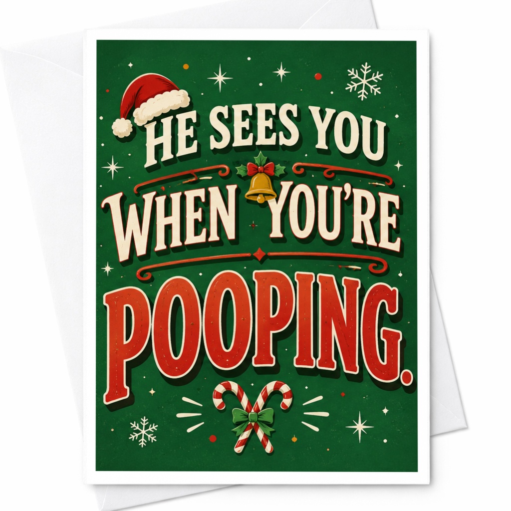He Sees You When You're Pooping Funny Christmas Card Santa Holiday Greeting Card For Friends Family Cute Festive C4645