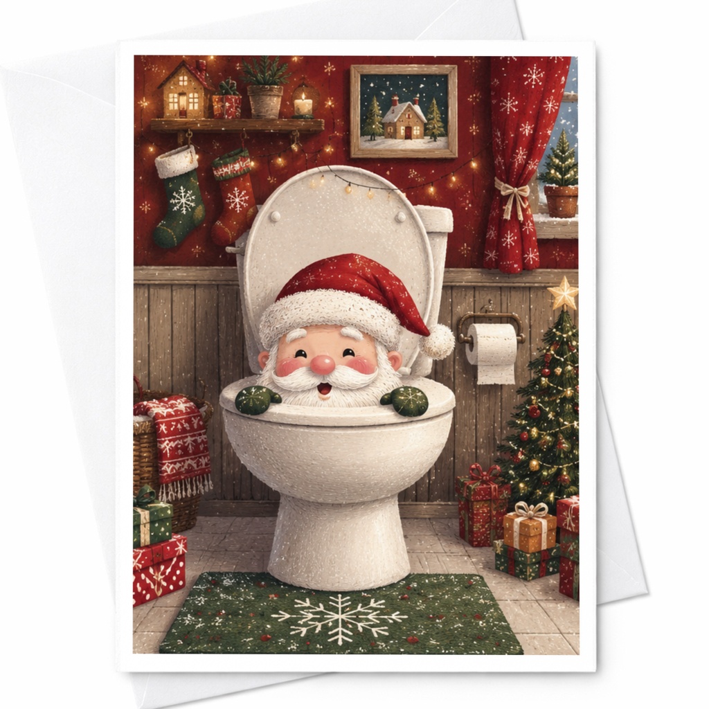 Santa In Toilet Christmas Card Funny Holiday Greeting Card For Friends Family Santa Claus Bathroom Scene Xmas Card C4652