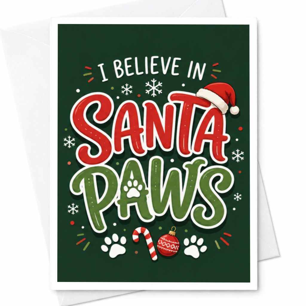 I Believe In Santa Paws Christmas Card Cute Holiday Greeting For Dog Lover Festive Pet Lover Card With Santa Hat C4660