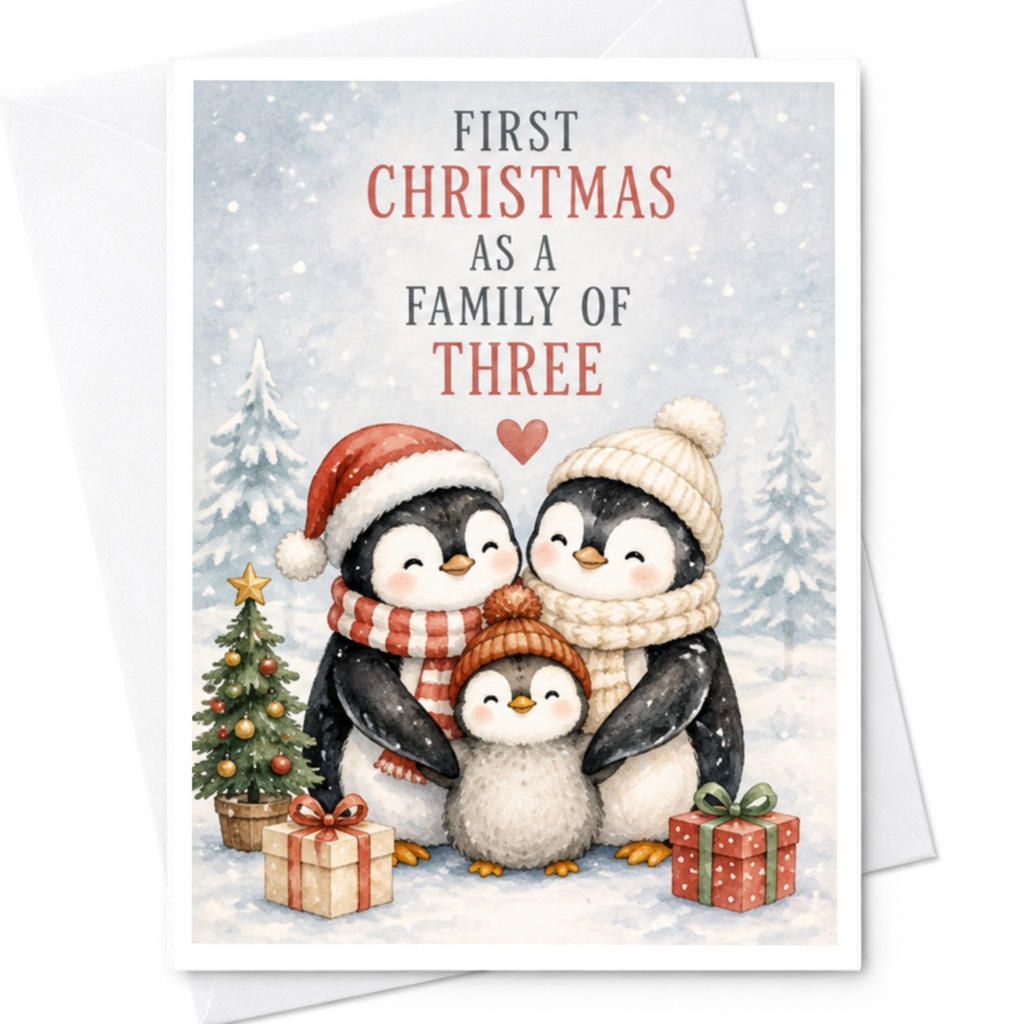 First Christmas As A Family Of Three Cute Penguin Family Christmas Card New Parents Holiday Card Winter Scene C4621