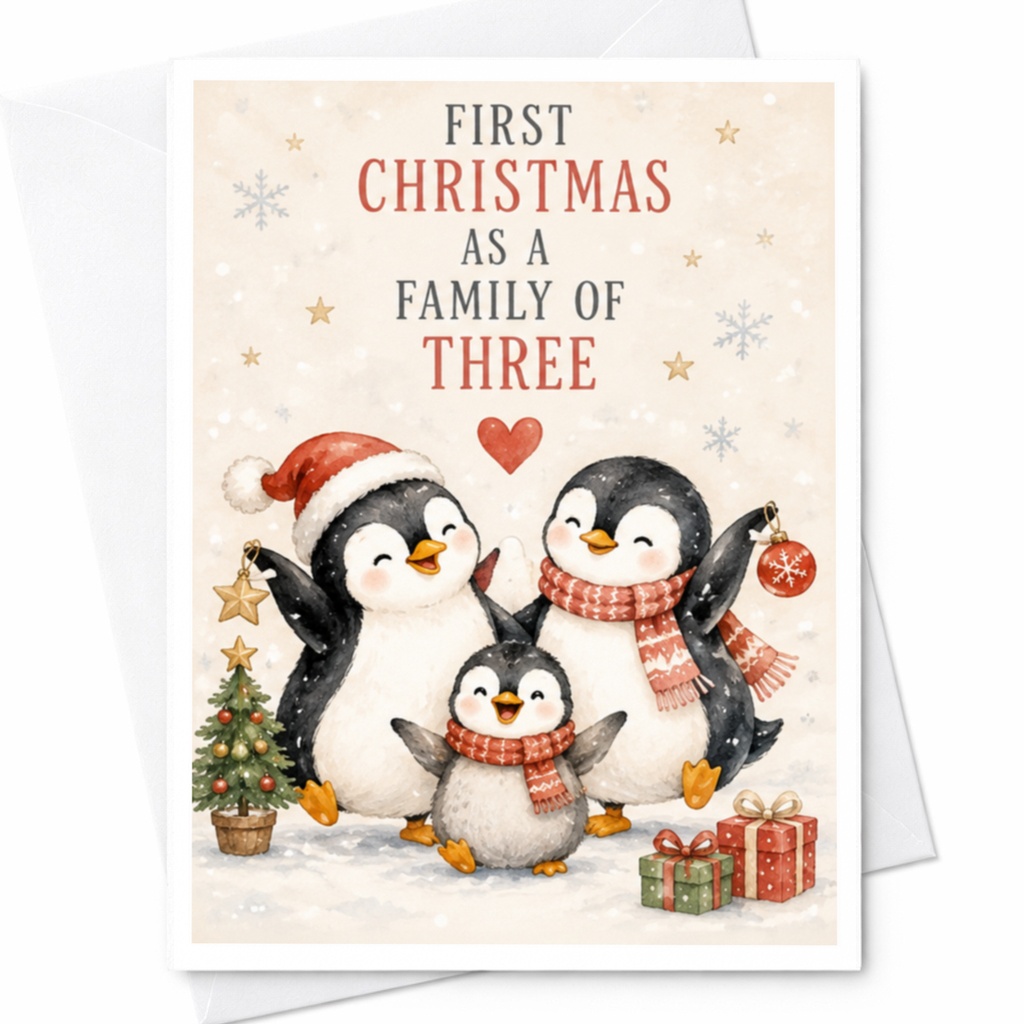 First Christmas As A Family Of Three Cute Penguin Family Christmas Card New Parents Holiday Greeting Card For Family C4622