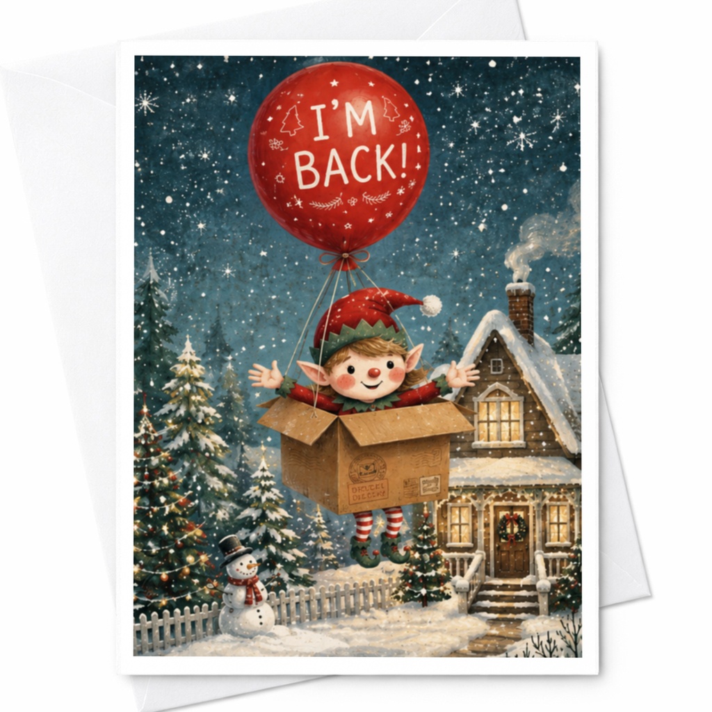 I'm Back! Funny Christmas Card Elf Holiday Greeting Card Cute Festive For Friends Family Winter Snowy Scene C4665