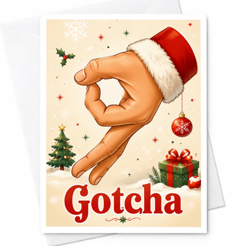 Gotcha Funny Christmas Card Santa Hand Gesture Holiday Greeting Card For Him Her Festive Xmas Card With Santa Hat C4624
