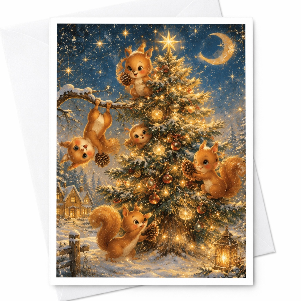Squirrels Decorating Christmas Tree Card Cute Holiday Greeting Card Woodland Animal Christmas Card For Kids Family Festive C4631