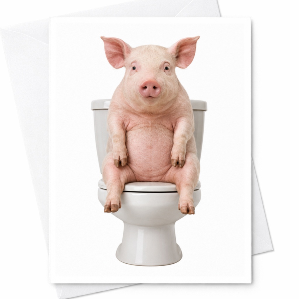 Funny Pig On Toilet Card Blank Greeting Card For Animal Lover Cute Farm Animal Everyday Card Whimsical C4632