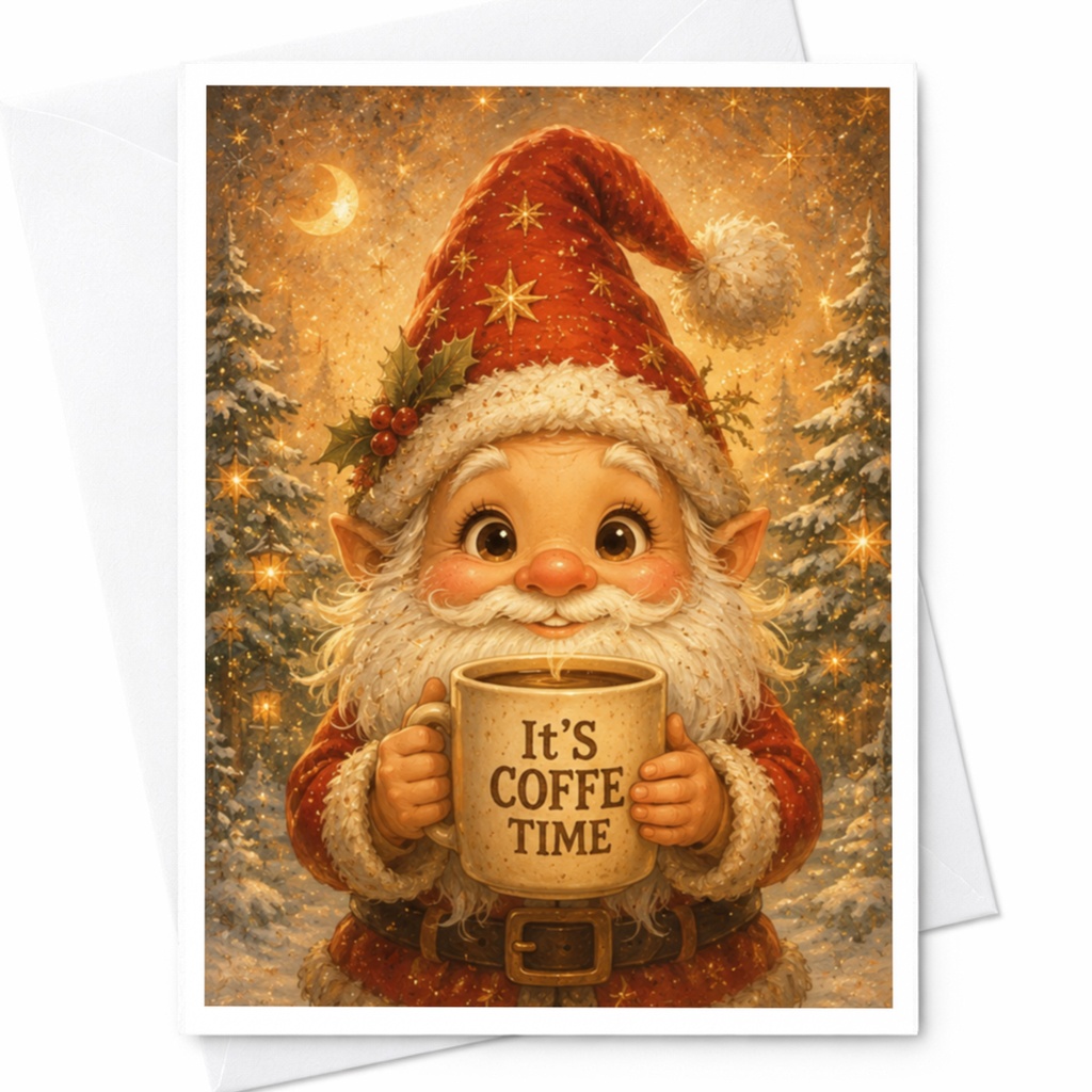 It's Coffee Time Christmas Card Cute Santa With Coffee Mug Holiday Greeting Card For Coffee Lovers Festive Winter Scene C4639