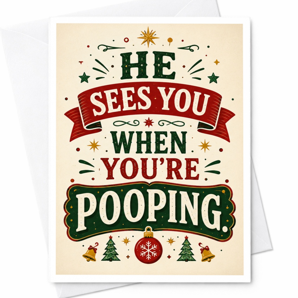 He Sees You When You're Pooping Funny Christmas Card Holiday Greeting Card For Friends Family Festive C4646