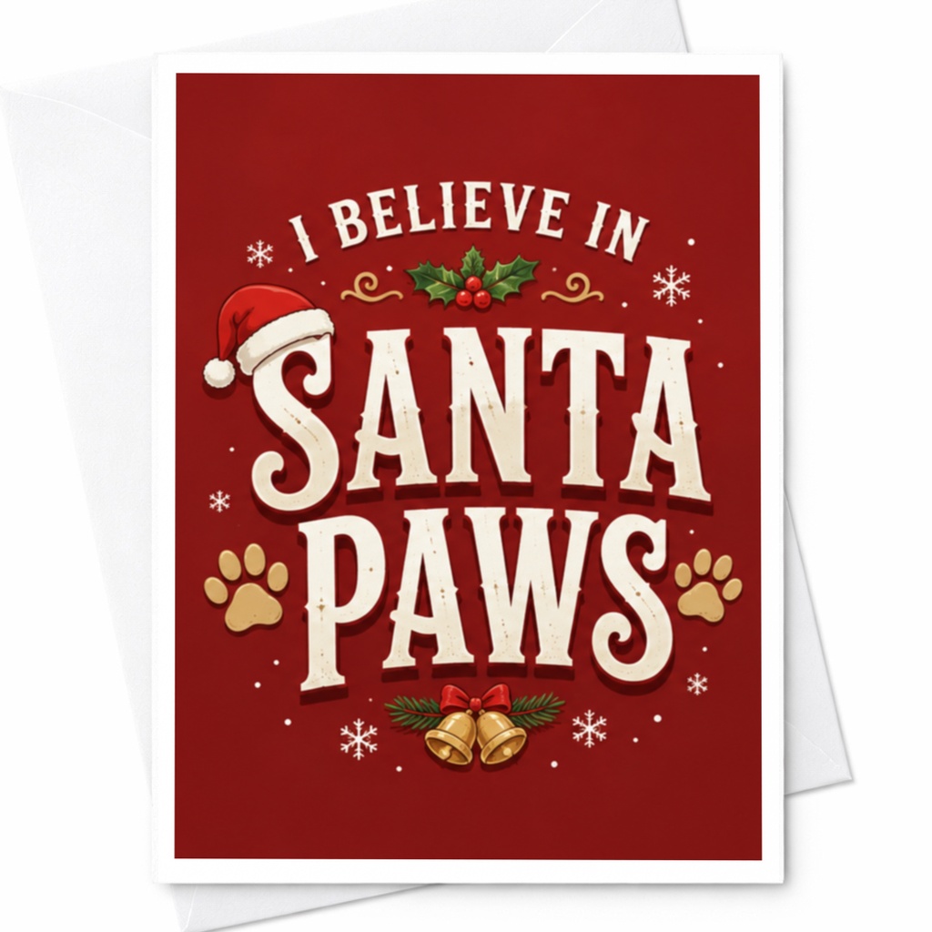 I Believe In Santa Paws Christmas Card Cute Holiday Greeting Card For Dog Lovers Festive Pet Lover Card With Santa Hat C4659