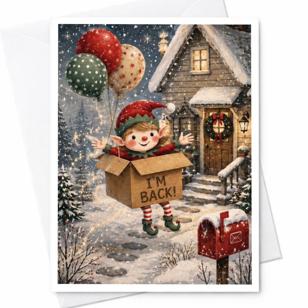 I'm Back! Funny Christmas Card Elf In Box With Balloons Holiday Greeting Card For Friends Neighbors Cute Festive C4666