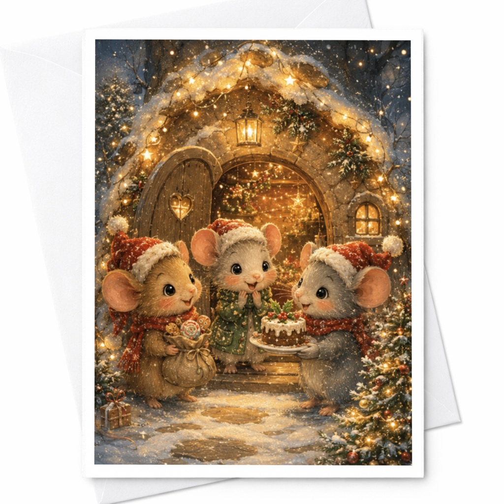 Christmas Mice Gathering Card Cute Holiday Greeting Card Festive Animal Illustration For Kids Family Winter Celebration C4670