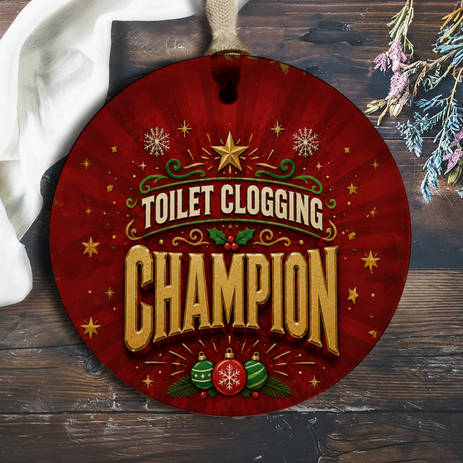 Toilet Clogging Champion Funny Christmas Ornament Holiday Decor Gag Gift Festive For Bathroom Decor O632