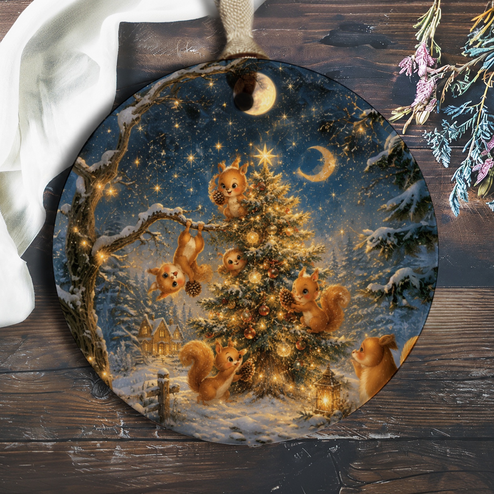 Squirrels Decorating Christmas Tree Ornament Cute Woodland Animal Holiday Decor Winter Scene Christmas Ornament Gift O656