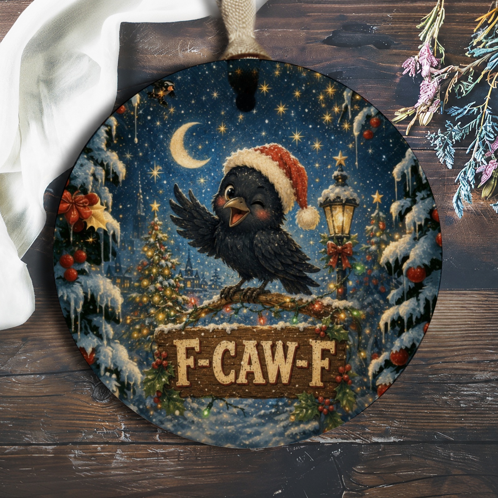 F-Caw-F Funny Christmas Ornament Winking Crow Santa Hat Holiday Decor Cute Bird Winter Festive Tree Decoration O661