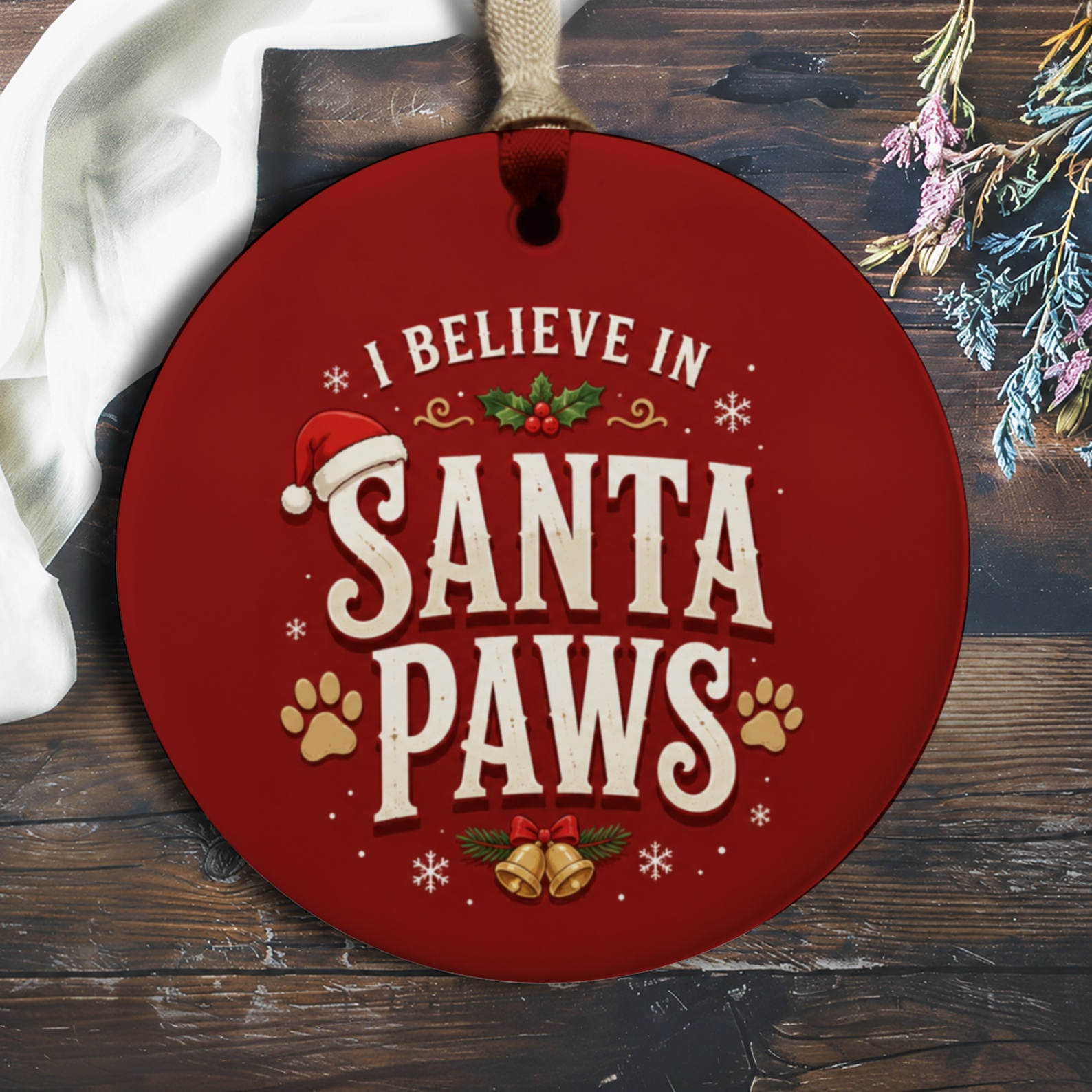 I Believe In Santa Paws Christmas Ornament Cute Holiday Decor For Dog Lovers Festive Pet Lover Gift Red Ornament O678
