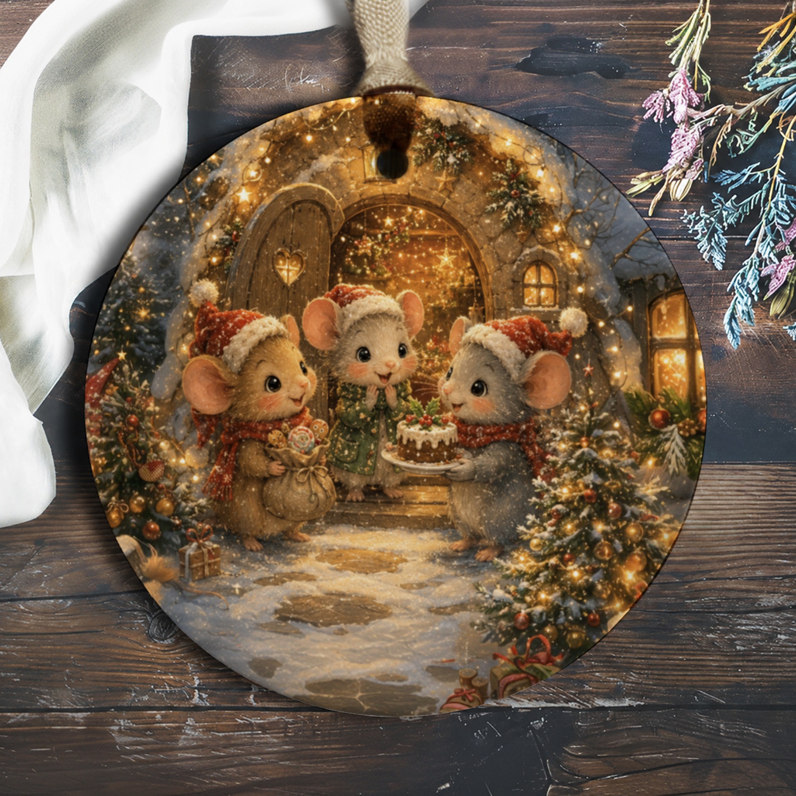Christmas Mice Ornament Cute Holiday Decor Festive Mouse Family With Cake Winter Wonderland Christmas Tree Decoration O686