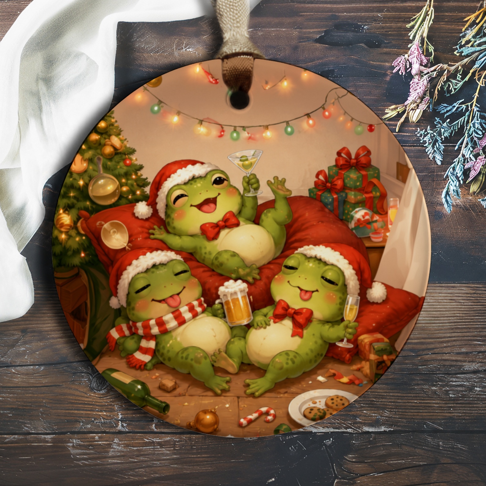 Festive Frog Christmas Ornament Cute Holiday Decor Frogs With Drinks Santa Hats Christmas Tree Fun Gift For Frog Lovers O659