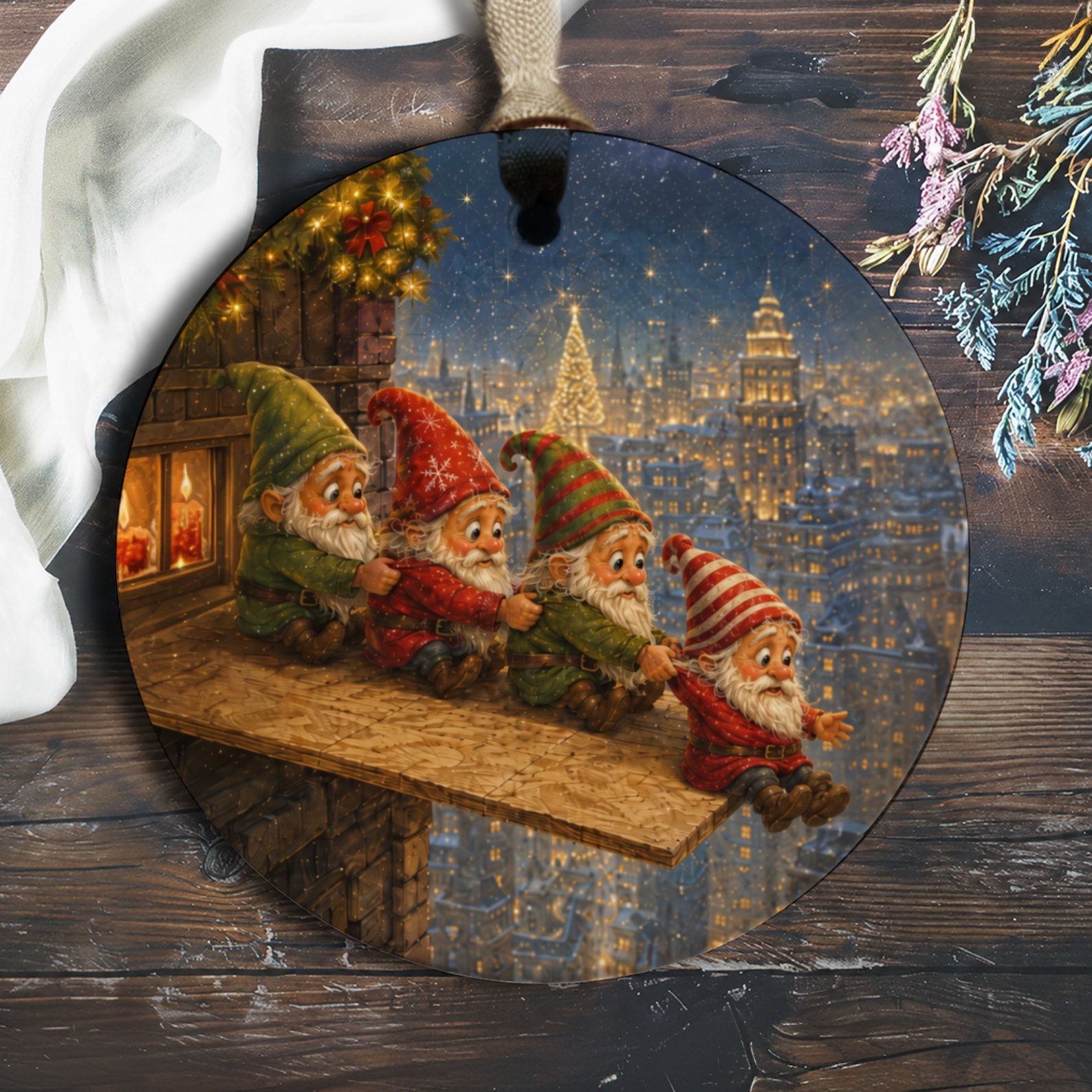 Christmas Gnome Ornament Festive Holiday Decor Cute Gnomes On Rooftop Winter Wonderland Scene Christmas Tree Decoration O664