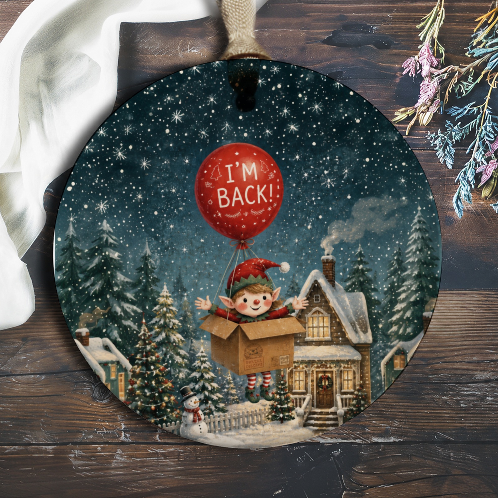 I'm Back! Christmas Elf Ornament Cute Holiday Decoration Winter Wonderland Scene Festive Home Decor Gift O681