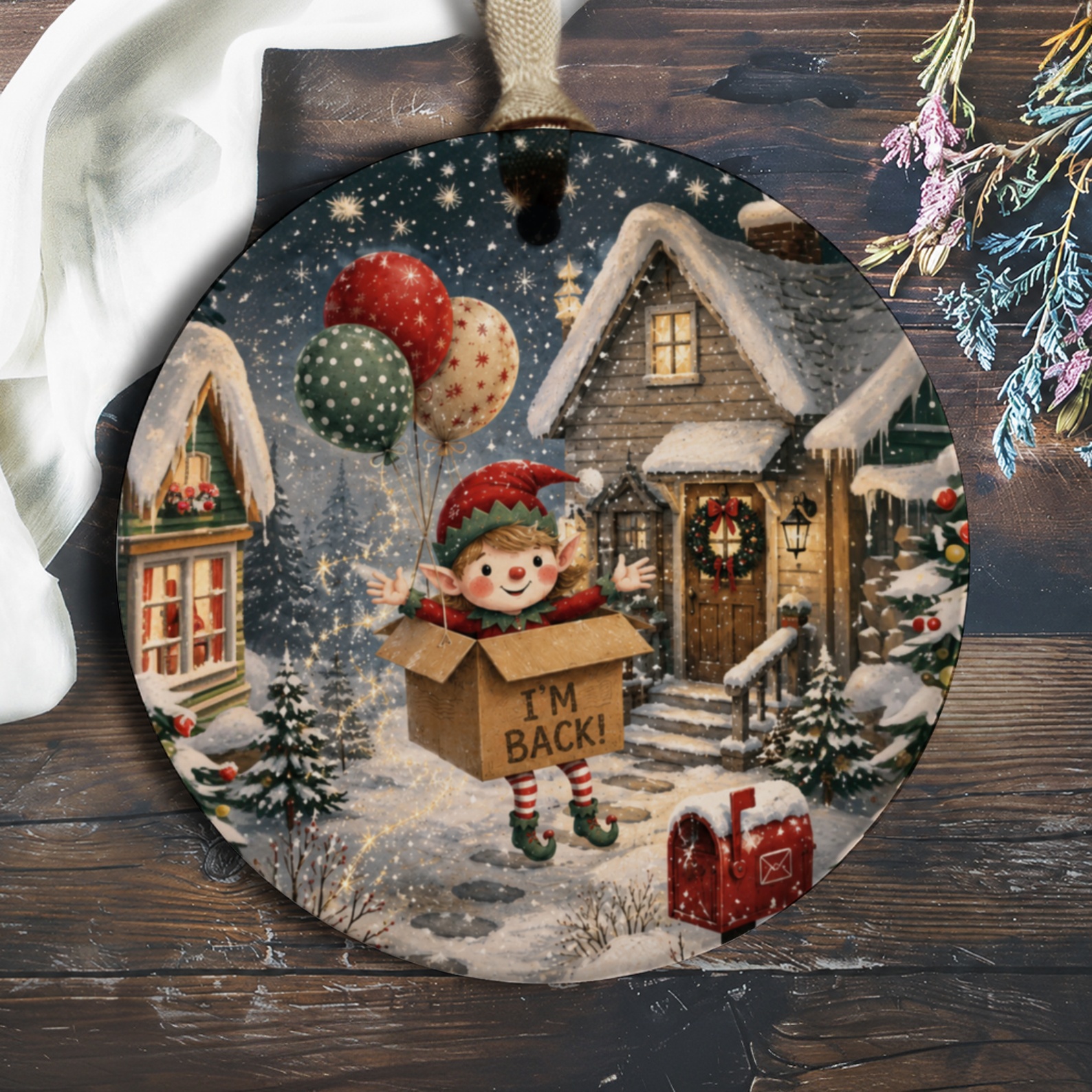 I'm Back! Christmas Ornament Elf With Balloons Festive Holiday Decor Cute Winter Scene Snowy Village Decoration O682