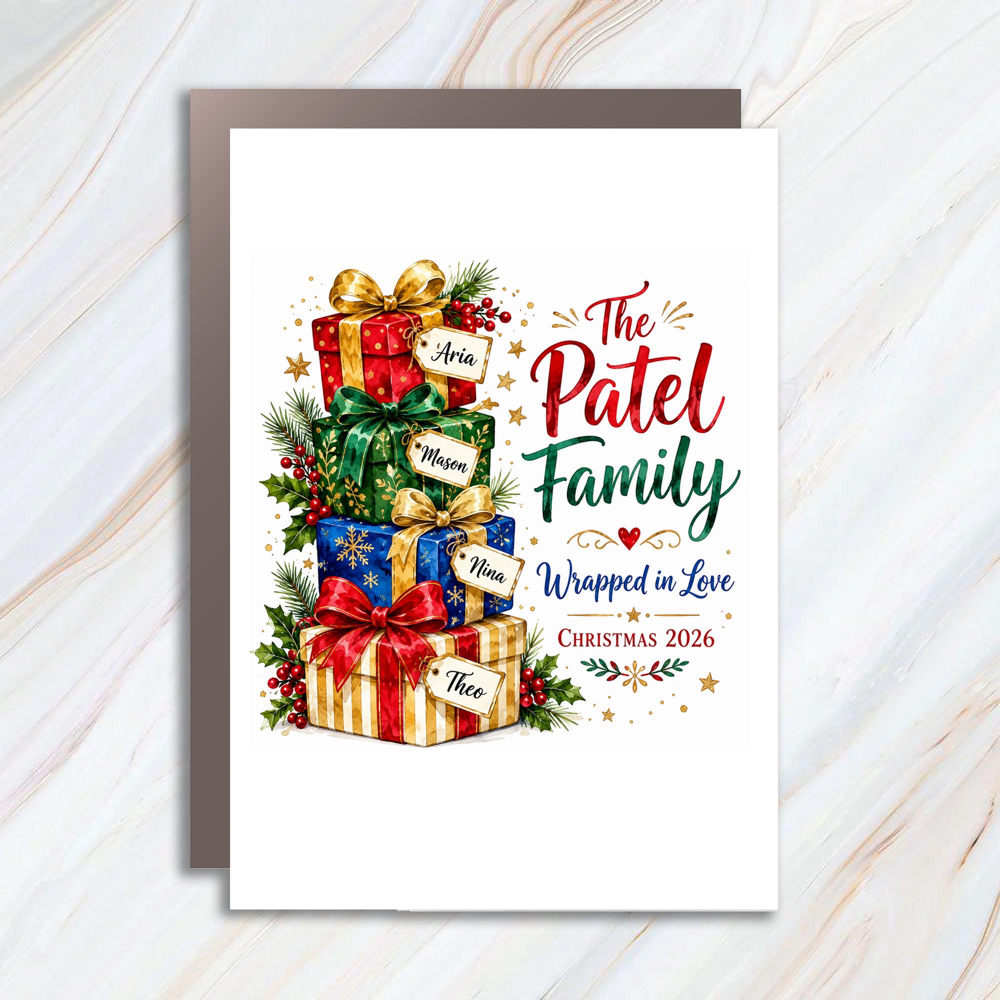 Family Wrapped In Love Christmas 2026 Personalized Christmas Card Family Holiday Greeting Card Custom Name Festive Desig C1032