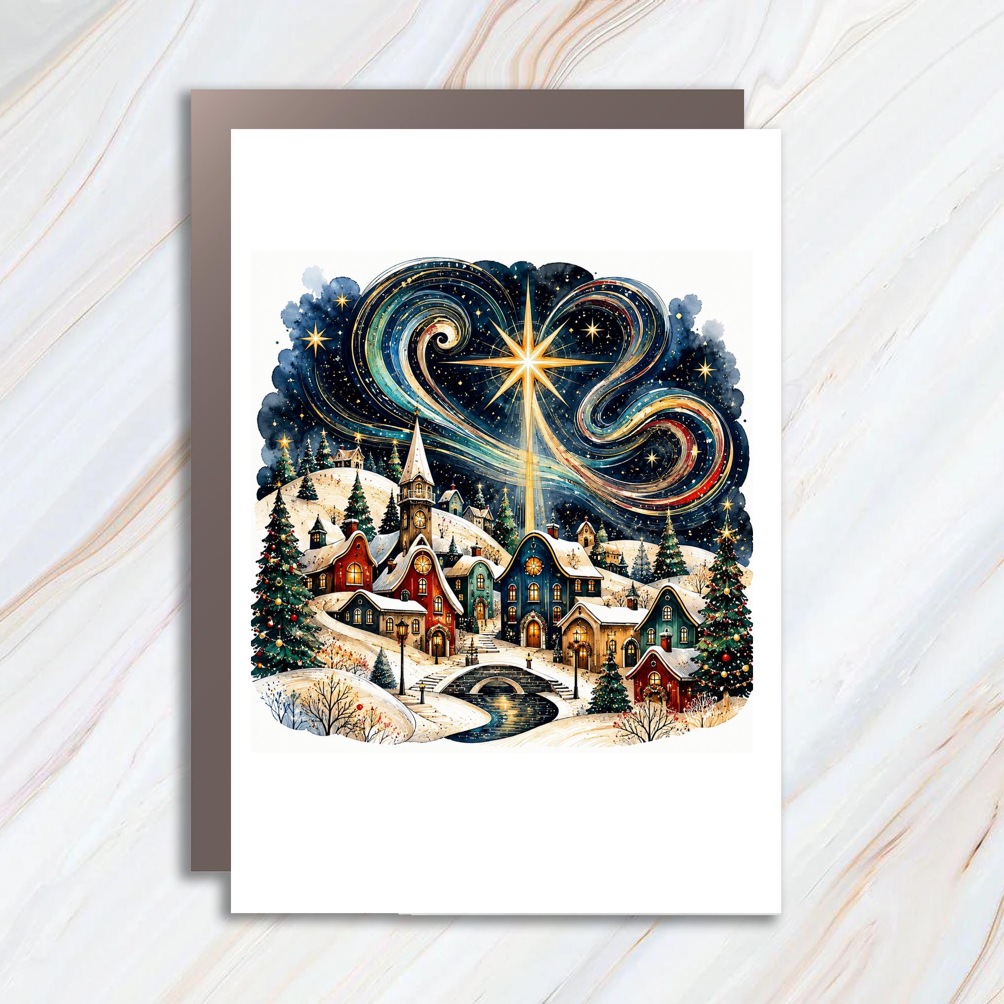 Starry Night Village Scene Christmas Card Festive Holiday Greeting Card Winter Wonderland Art For Family Friends C1036