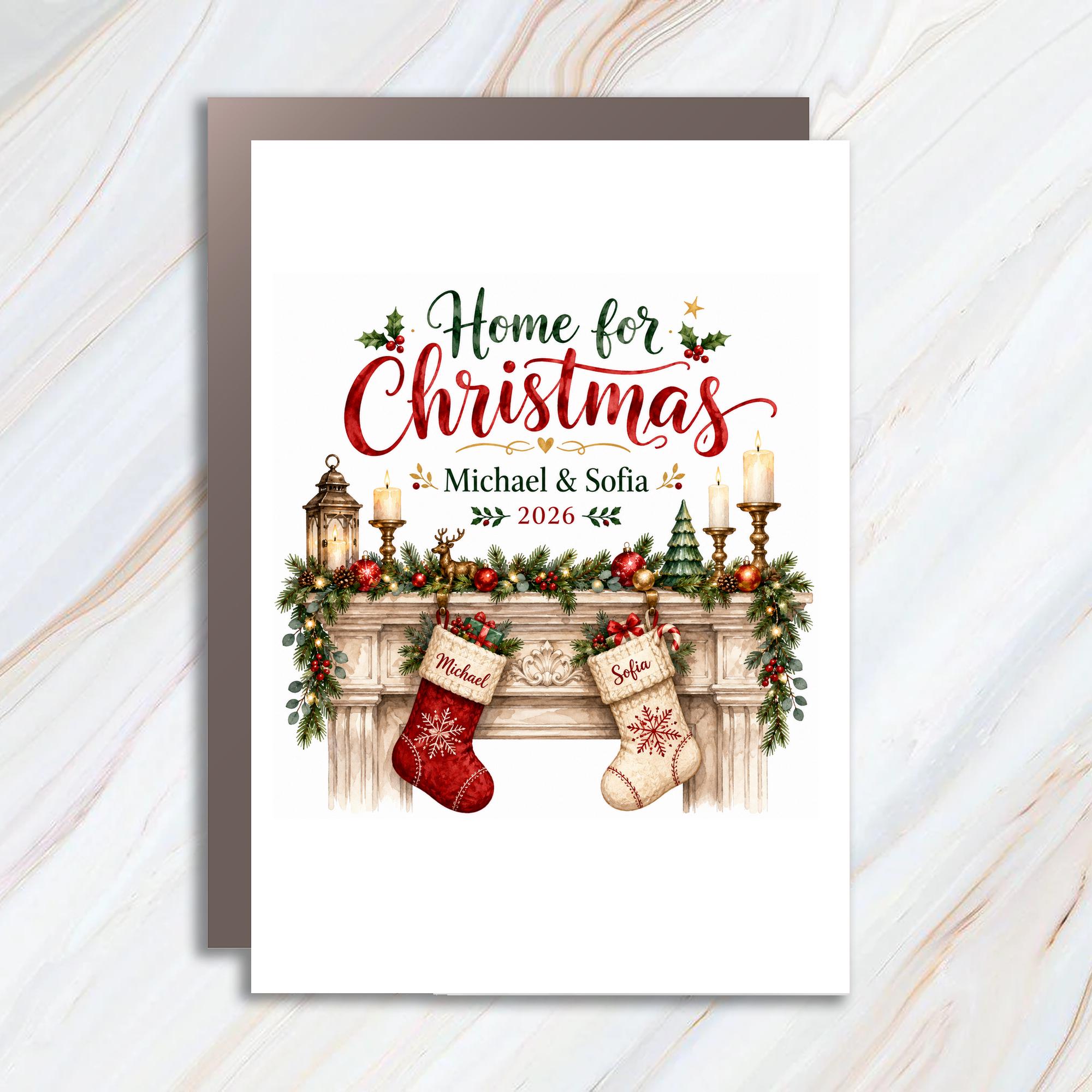 Home For Christmas 2026 Personalized Christmas Card Holiday Greeting Card Festive Mantel Stockings Family C1031