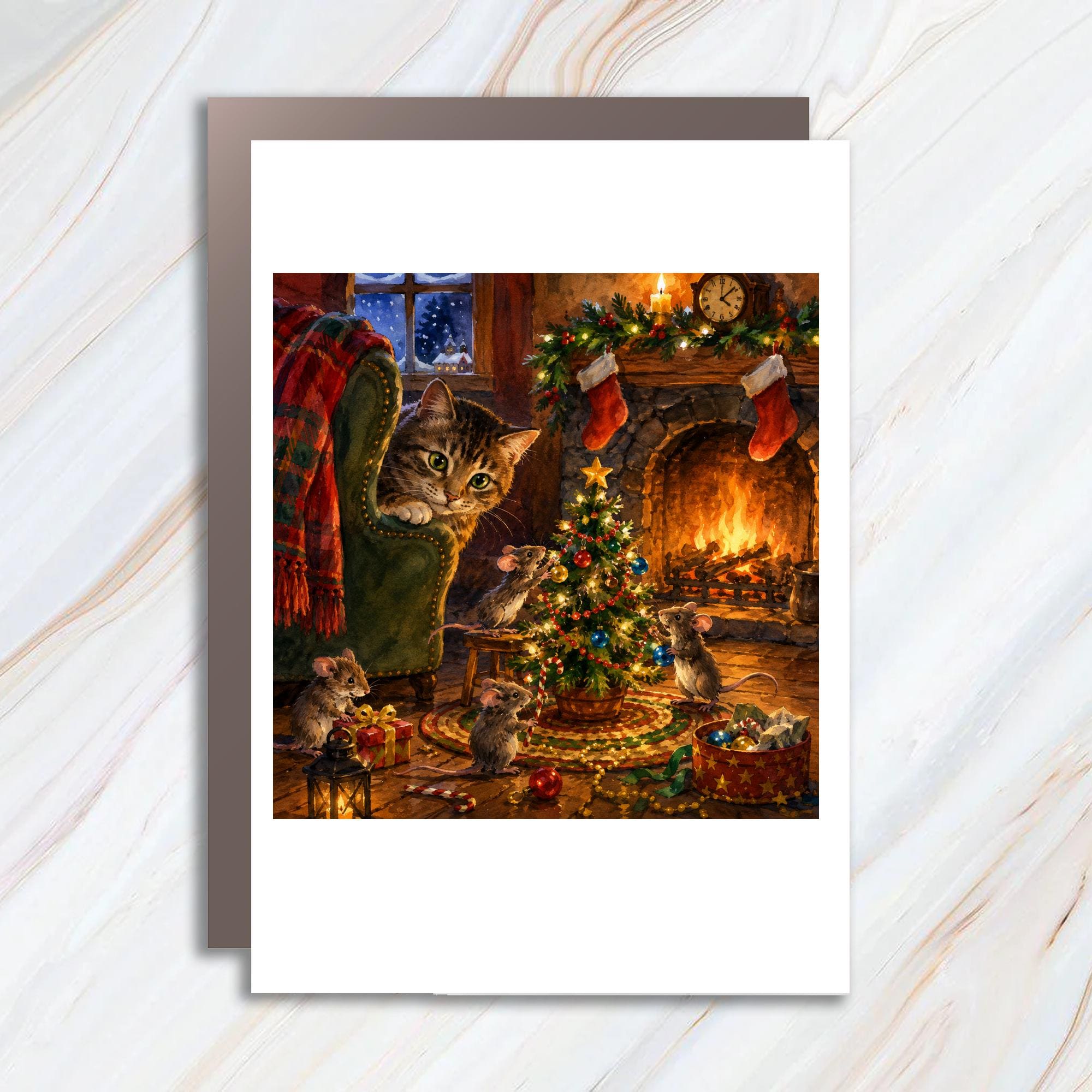 Cat And Mice Christmas Card Cozy Holiday Scene Greeting Card For Animal Lover Cute Festive Winter Fireplace Card C1038
