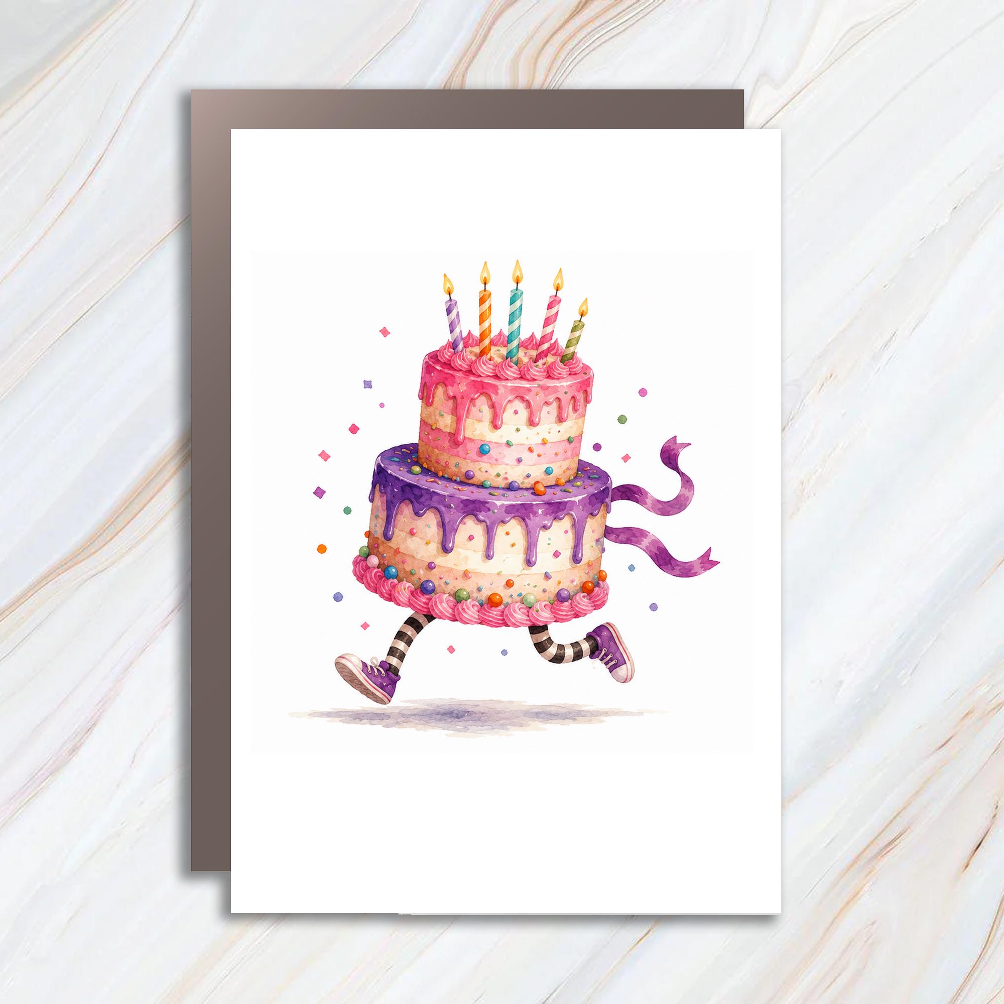 Running Birthday Cake Card Fun Celebration Greeting Card Colorful Party Card Cute Birthday Card For Cake Lovers C1039