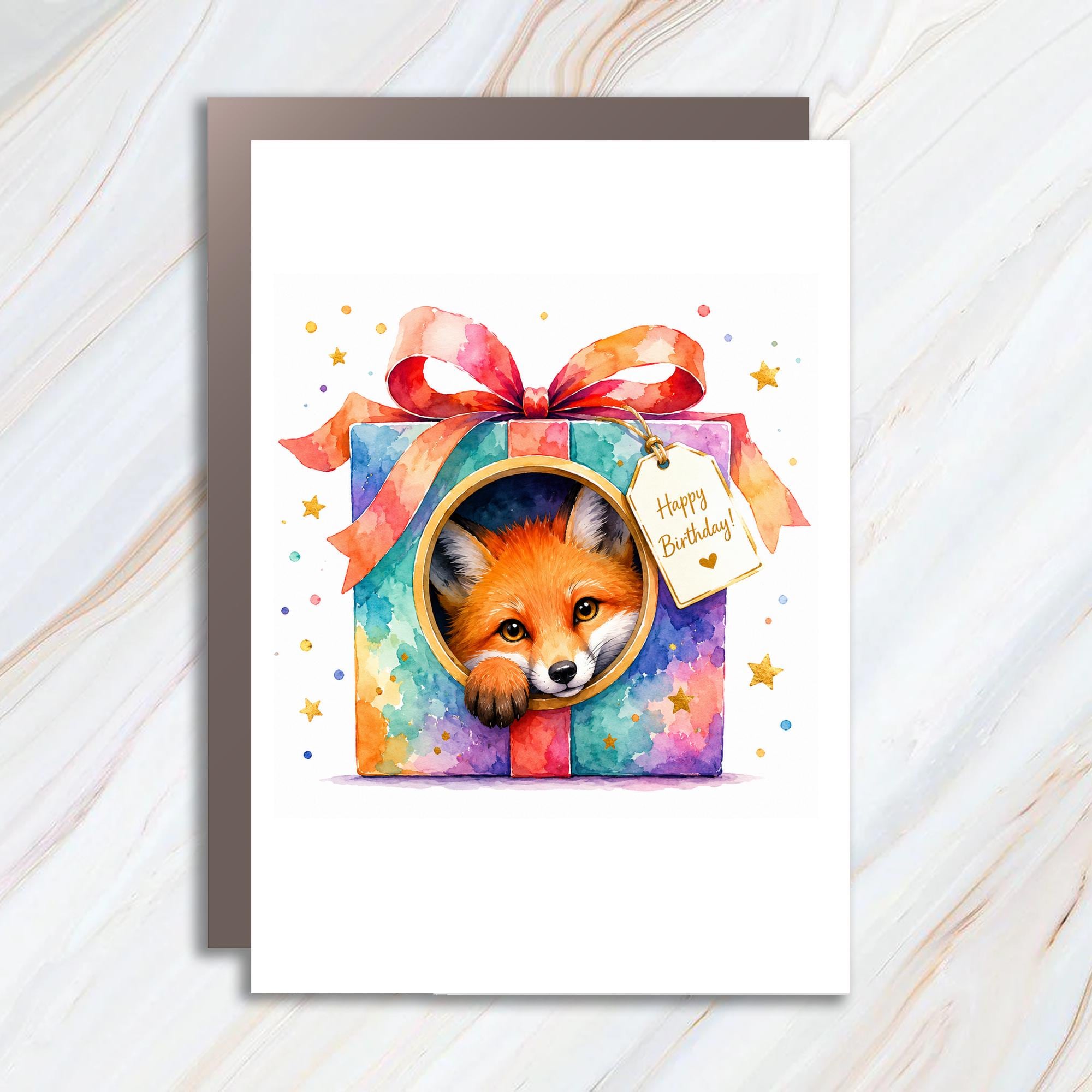 Happy Birthday! Cute Fox In Gift Box Birthday Card Watercolor Animal Art Fun Celebration Card C1041