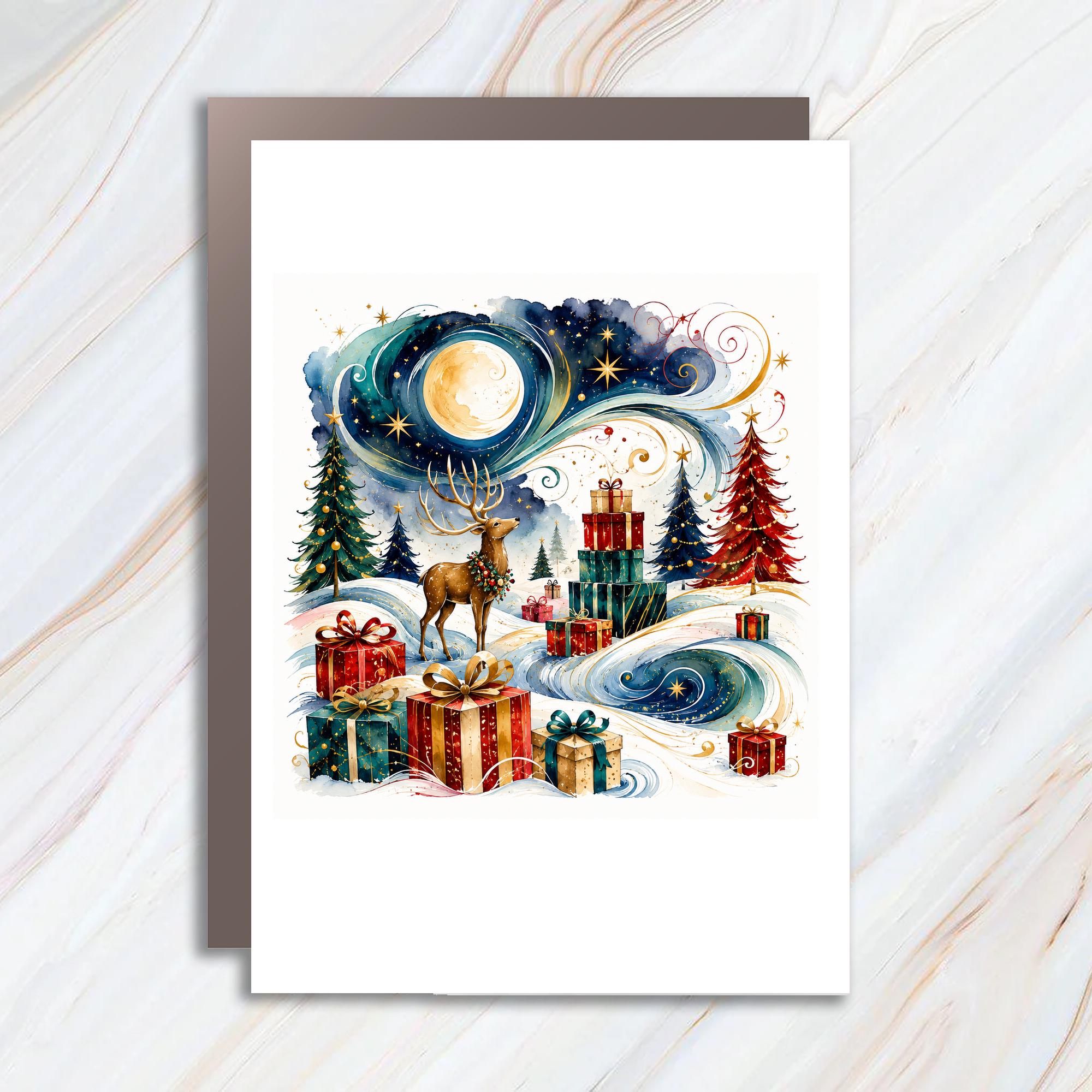 Reindeer And Gifts Christmas Card Festive Winter Scene Holiday Greeting Card For Family Friends Cute Seasonal Art C1035