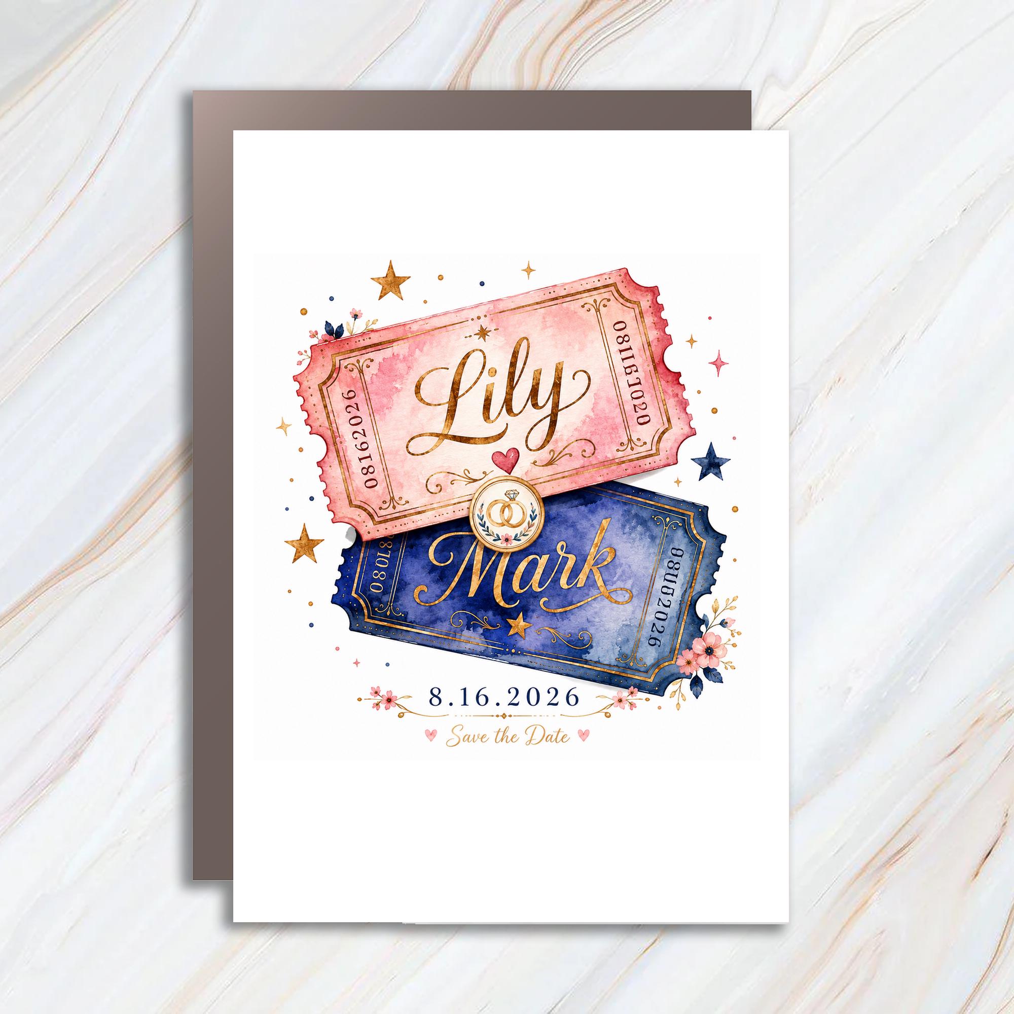 Custom Names Save The Date Wedding Card Personalized Romantic Engagement Announcement For Couple Cute Ticket C1044