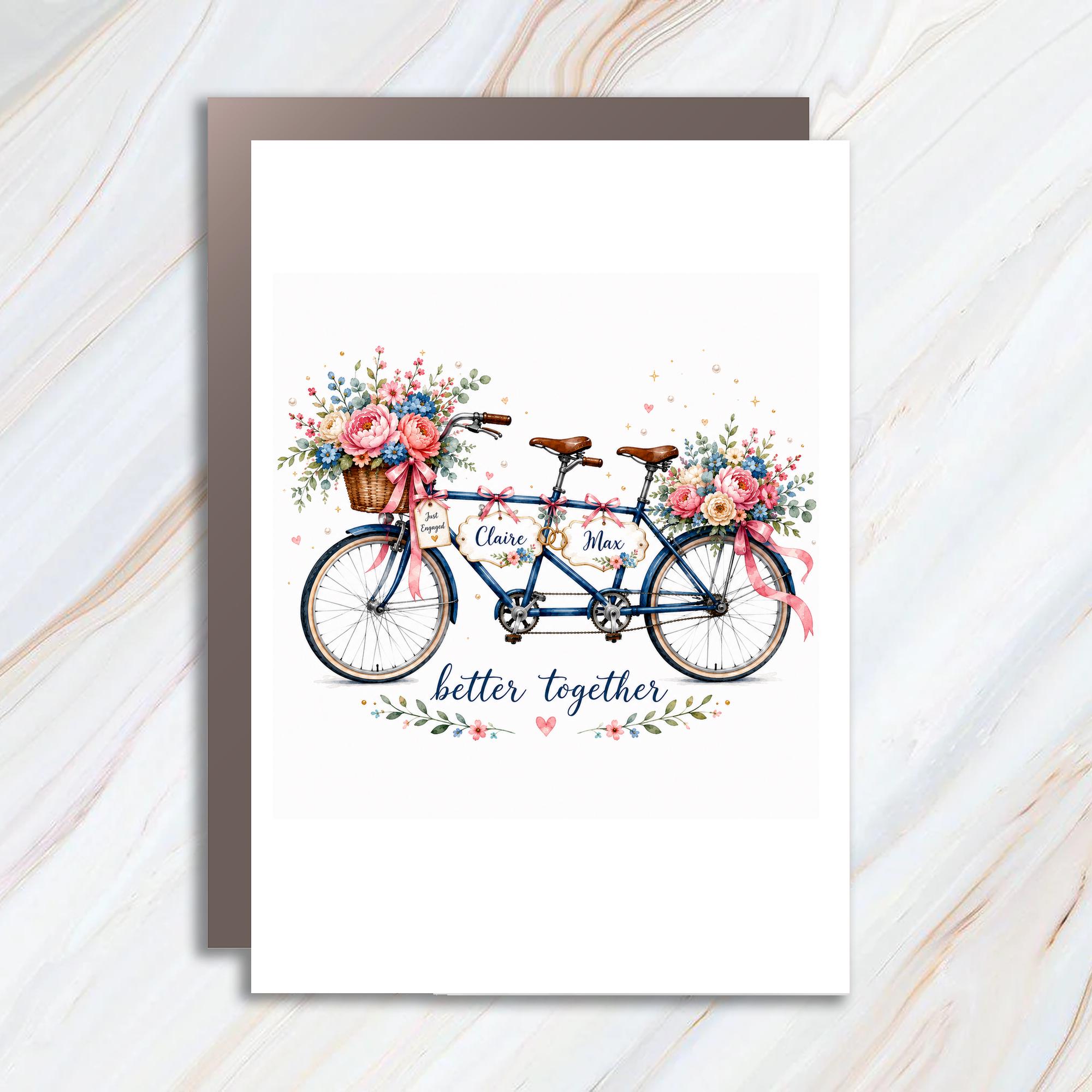 Custom Names Better Together Engagement Card Tandem Bicycle Floral Just Engaged Couple Romantic Greeting Card For Newly Engaged C1047