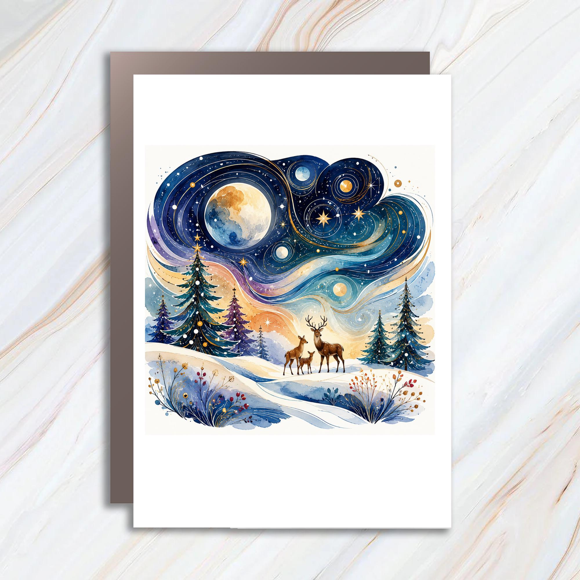 Winter Night Scene Christmas Card Deer Under Moon Holiday Greeting Card For Nature Lover Watercolor Art Seasonal Card C1036