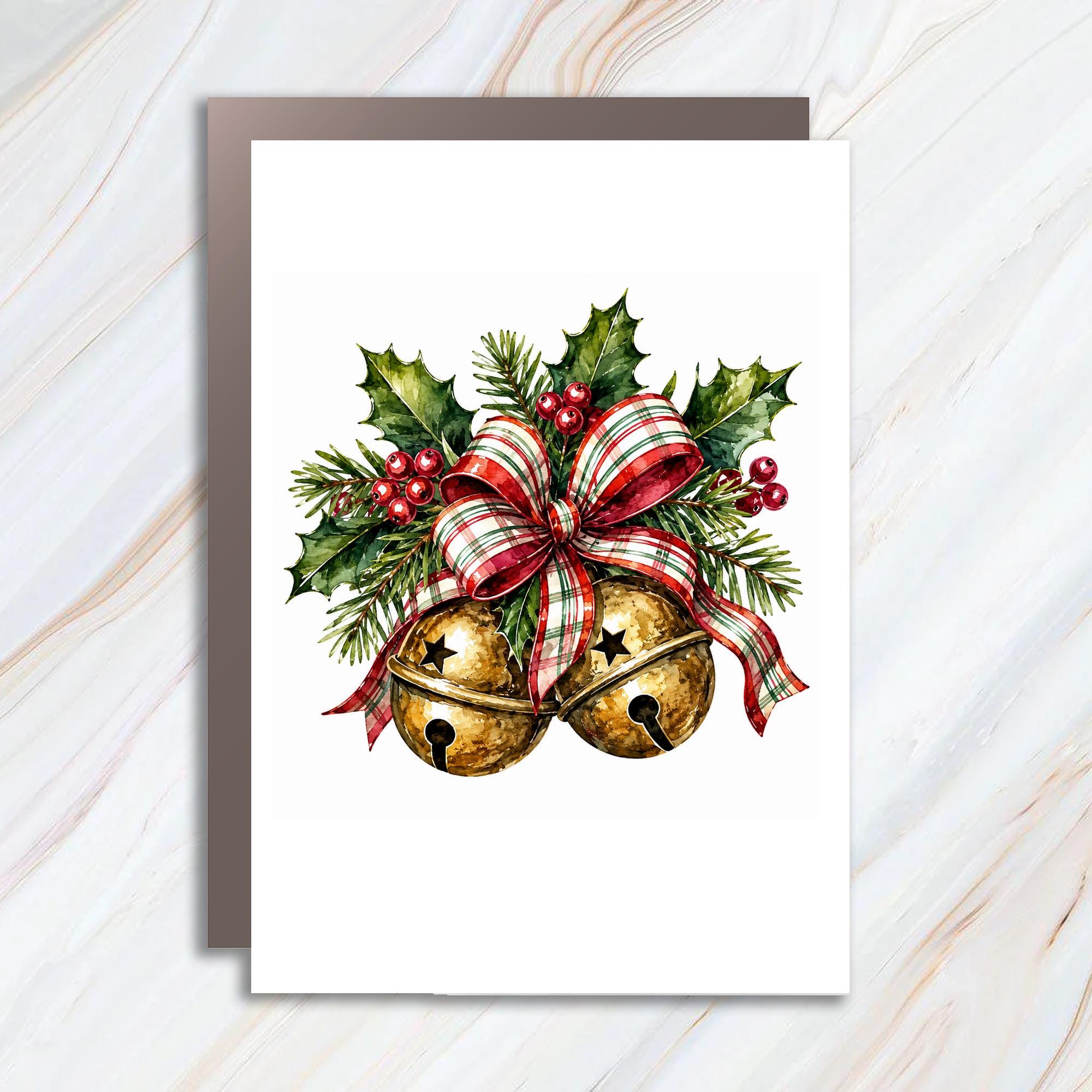 Christmas Bells Greeting Card Festive Holiday Card With Holly And Ribbon Watercolor For Christmas Celebration C1037