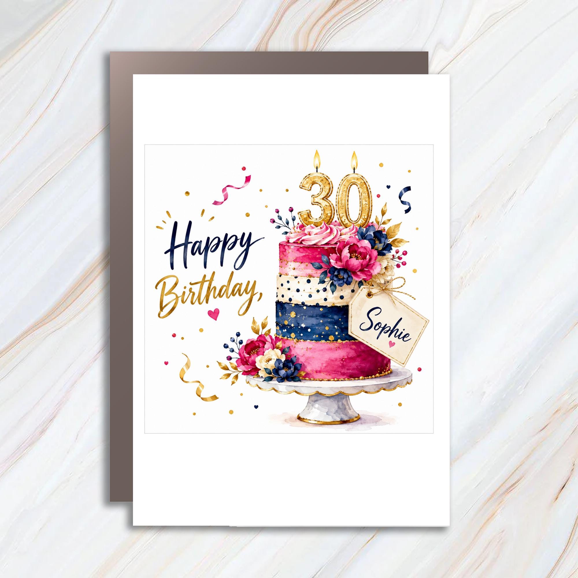 Custom Name and Age Happy Birthday Card, Birthday Card Personalized Floral Cake For Her Custom Name Celebration Card C1048