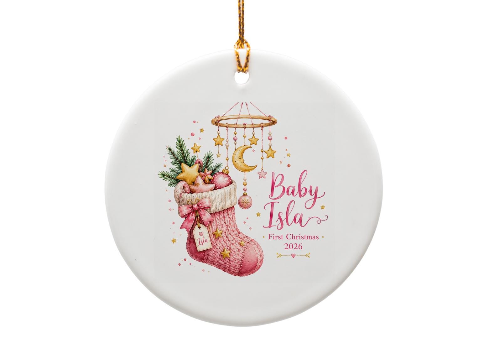 Custom Name First Christmas 2026 Personalized Ornament Pink Stocking Baby's First Christmas Keepsake Gift Newborn Holiday Decor O1049
