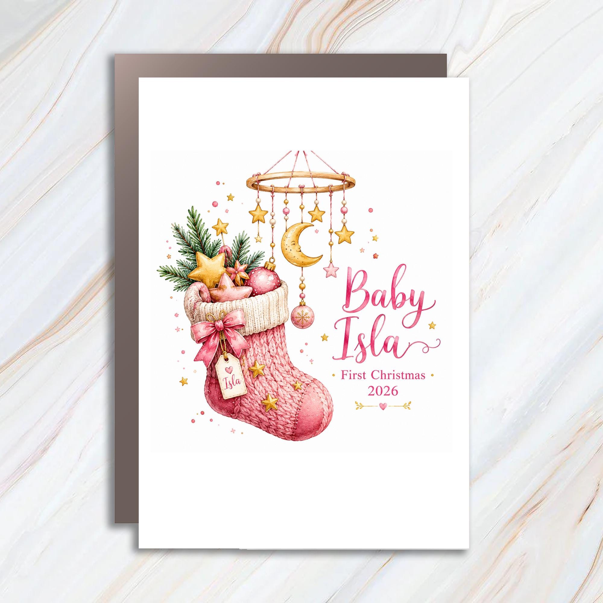 Custom Baby First Christmas 2026 Personalized Christmas Card Newborn Holiday Greeting Card Cute Pink Stocking Ornament C1049