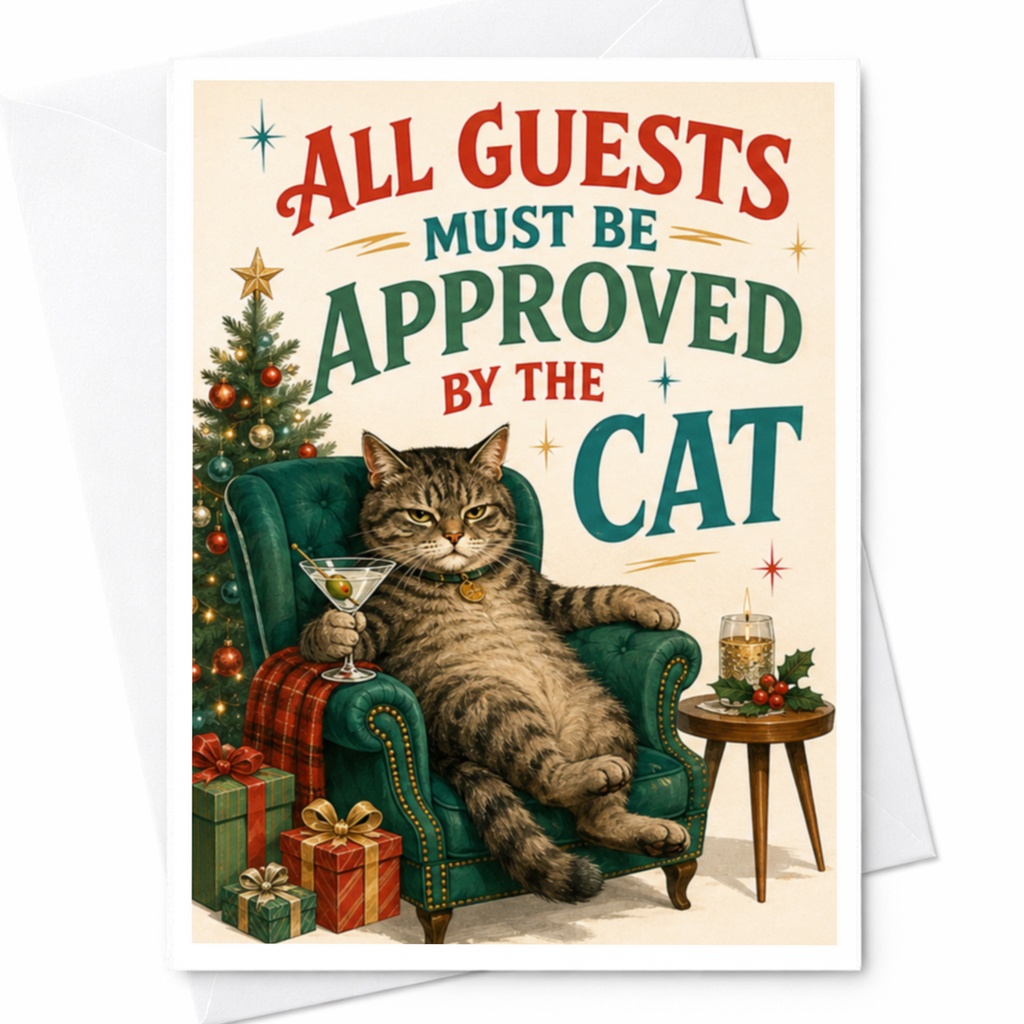 All Guests Must Be Approved By The Cat Funny Christmas Card Cat Lover Holiday Greeting Card Cute Festive Cat C4679