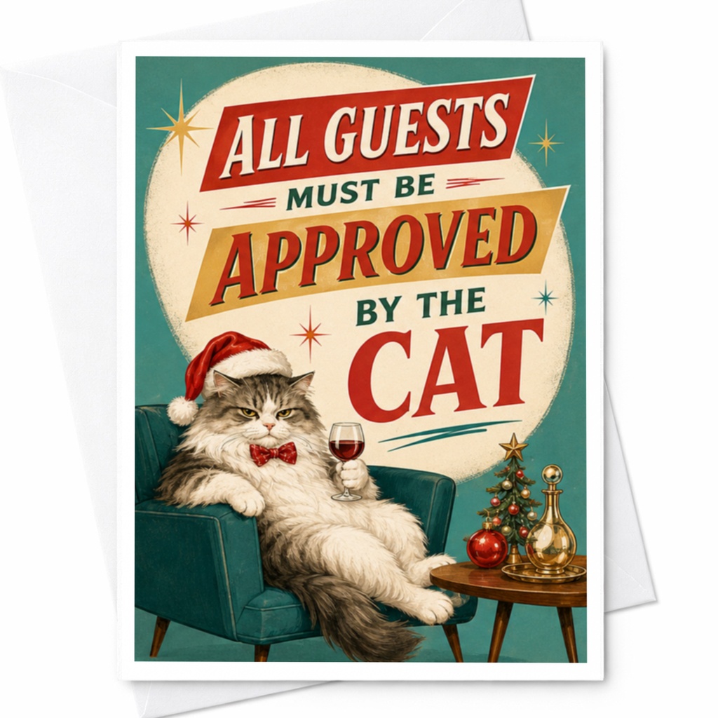 All Guests Must Be Approved By The Cat Funny Christmas Card Cat Lover Holiday Greeting Card Cute Santa Hat Wine C4680