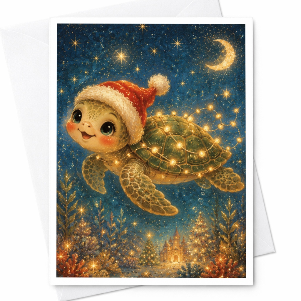 Cute Turtle Christmas Card Santa Hat Lights Holiday Greeting Card For Kids Animal Lover Festive Winter Scene C4681