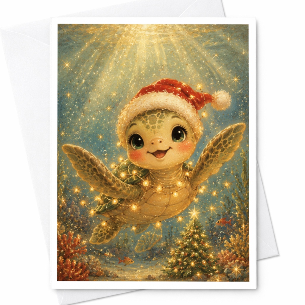 Cute Turtle Christmas Card Santa Hat Underwater Holiday Greeting Card For Kids Animal Lover Festive Sea Life Art C4682