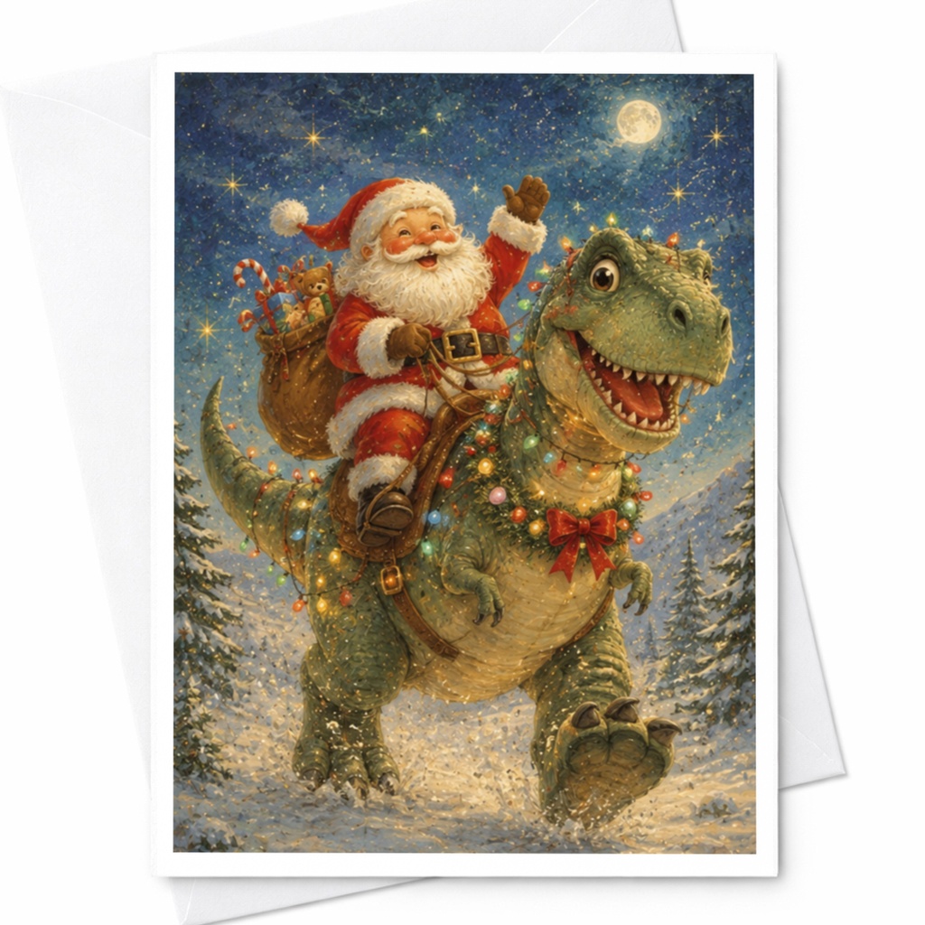 Santa Riding Dinosaur Christmas Card Fun Holiday Greeting Card For Kids Cute Festive Card With Santa Claus And Dinosaur C4687