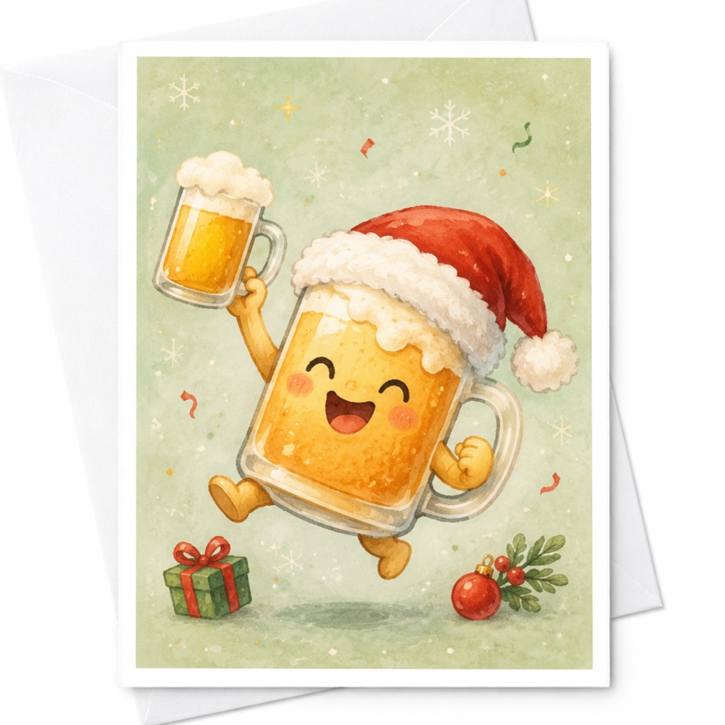 Festive Beer Mug Christmas Card Cute Santa Hat Holiday Greeting Card For Beer Lover Fun Seasonal Celebration Card C4689