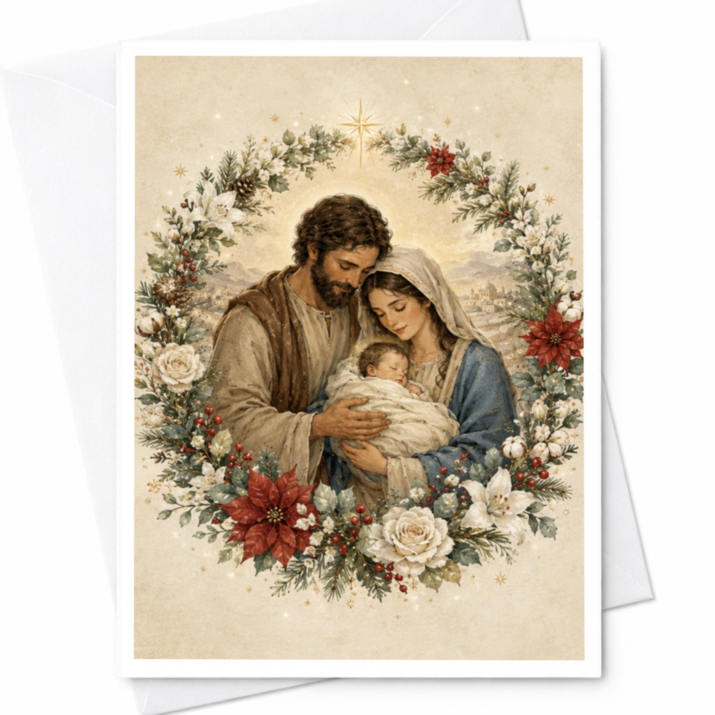 Nativity Scene Christmas Card Holy Family Floral Wreath Religious Greeting Card Holiday Card For Family Spiritual Art C4691