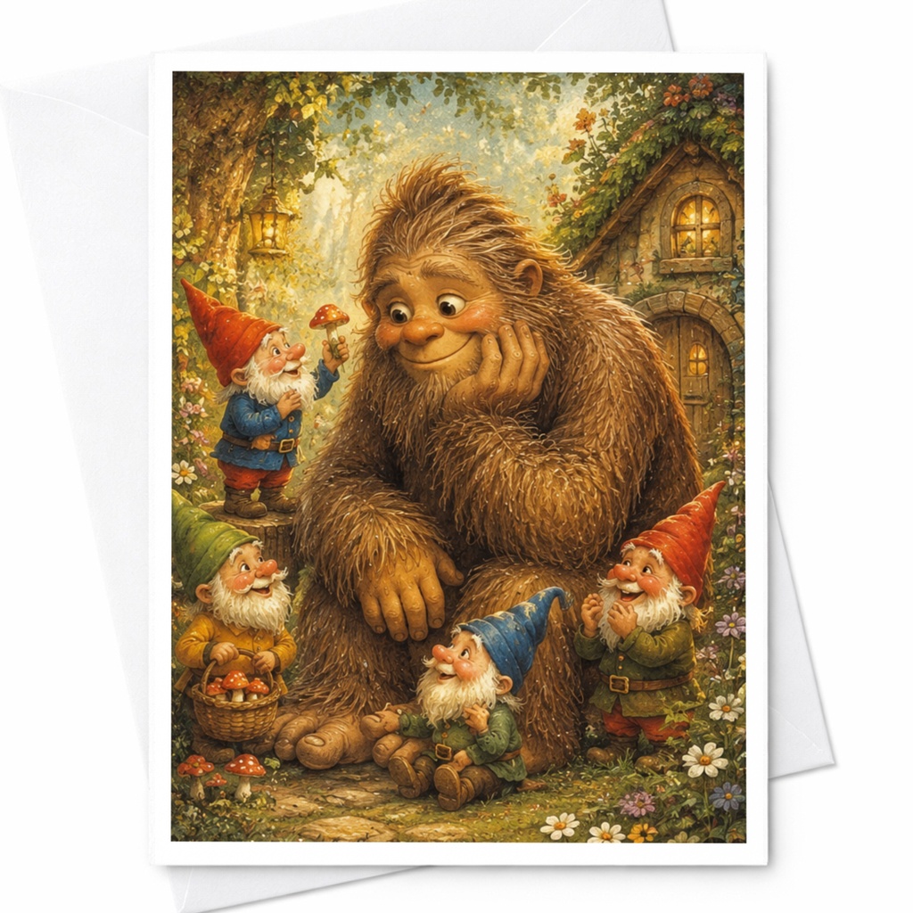 Bigfoot And Gnomes Whimsical Forest Card Blank Greeting Card Cute Fantasy Art For Nature Lover Enchanted Garden Scene C4702