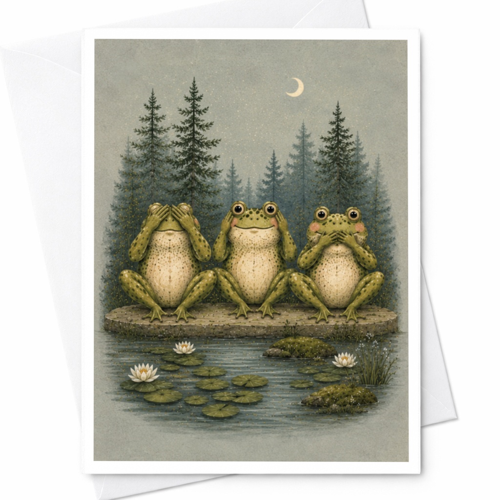Three Frogs By Pond Blank Greeting Card Cute Animal Card For Nature Lover Whimsical Everyday Card Forest Scene C4703