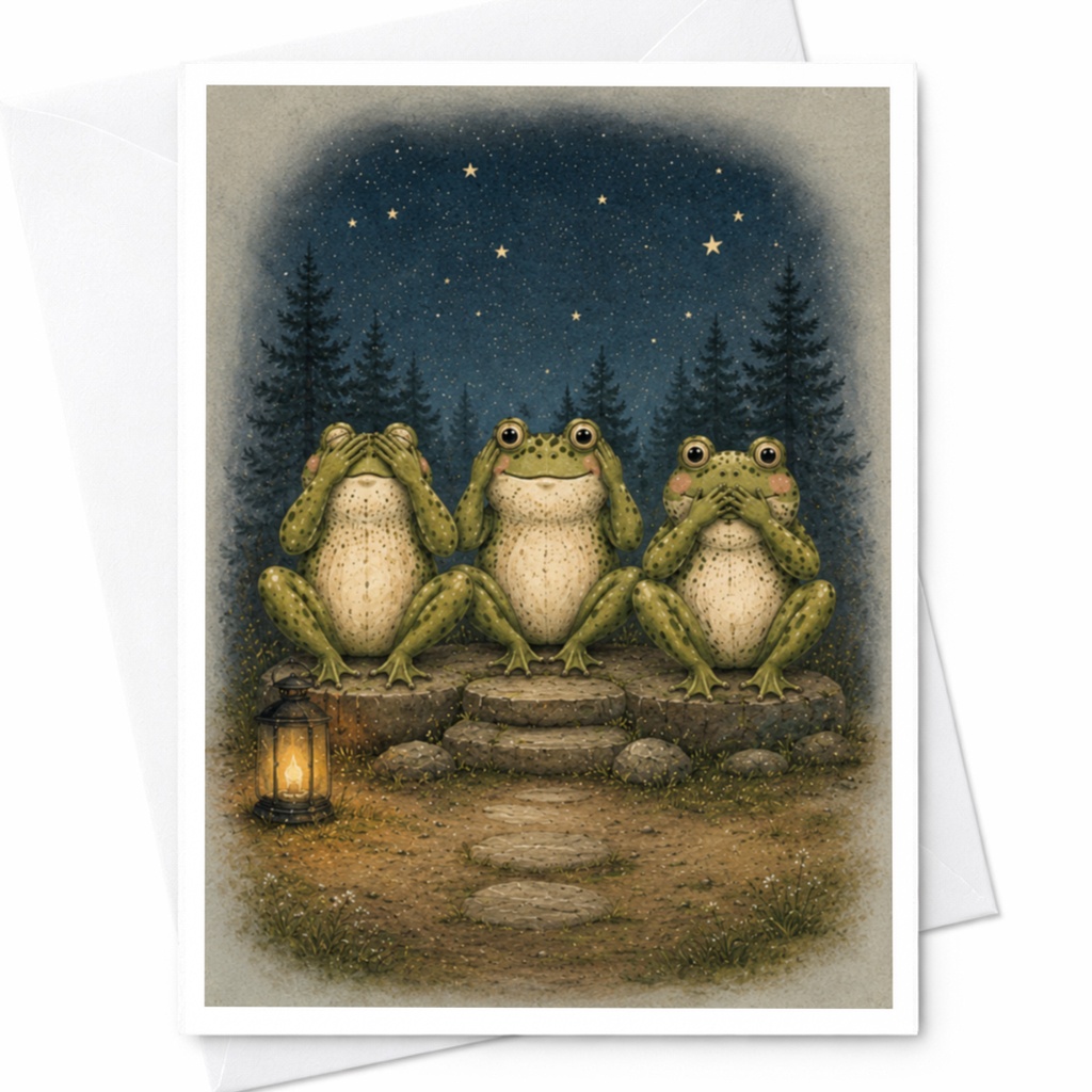 Three Frogs Under Starry Sky Blank Greeting Card Cute Animal Card For Nature Lover Whimsical Everyday Card C4704