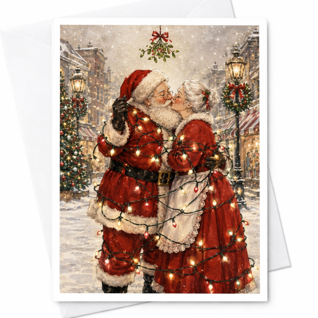 Santa And Mrs. Claus Christmas Card Festive Holiday Greeting Card Cute Couple Under Mistletoe Lights For Family Friends C4715