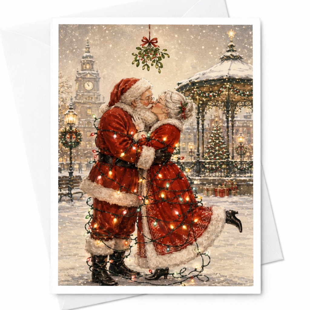Santa And Mrs. Claus Christmas Card Romantic Holiday Greeting Card Festive Couple Under Mistletoe Cute Winter Scene C4716