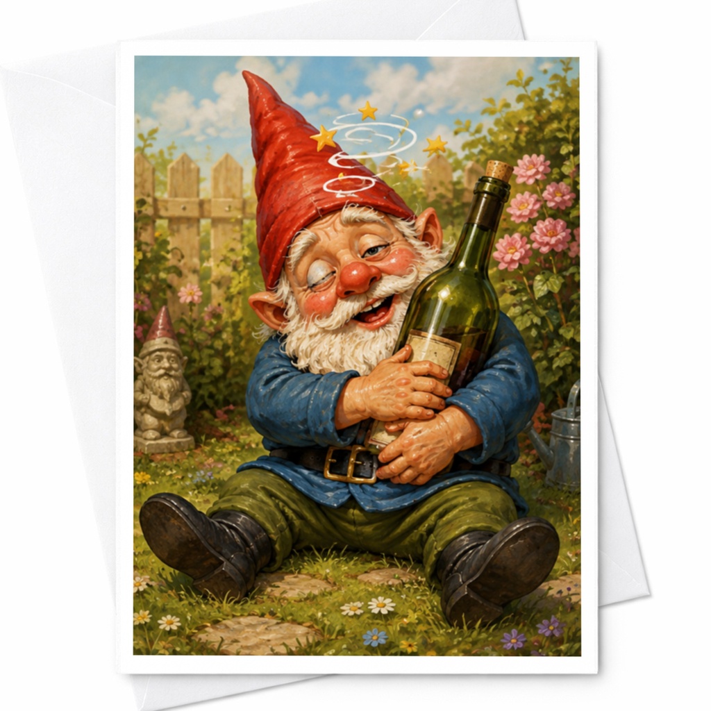 Funny Drunk Gnome Greeting Card Cute Garden Blank Card For Friend Whimsical Gnome Art Everyday Card For Him Her C4717